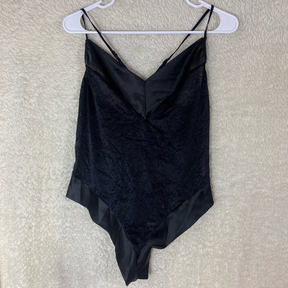La Vie en Rose Black Lace and Satin Teddy Lingerie Body Suit Women’s Size Large